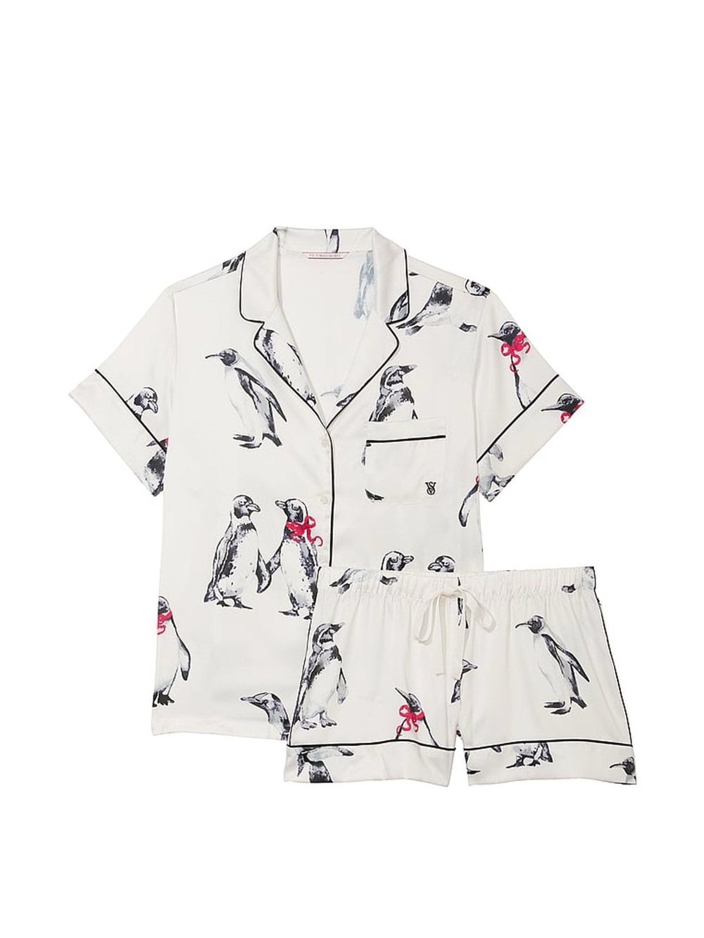 NWOT Victoria’s Secret white penguin bow satin short sleeve pajamas set